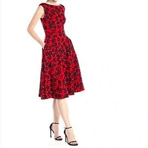 BETSEY JOHNSON Red and Black Rose Sleeveless Fit & Flare Midi Dress SIZE: 2